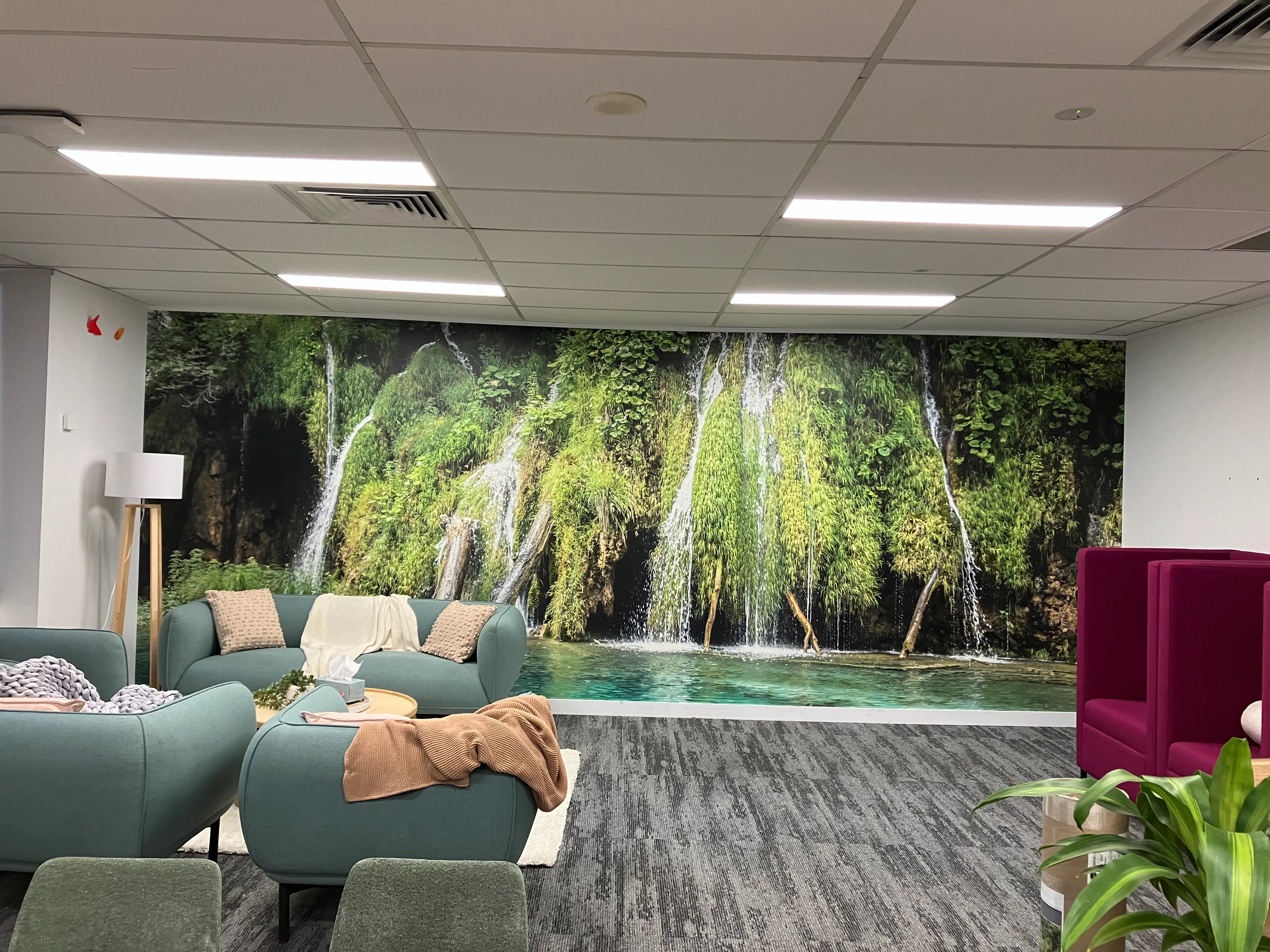 Calming nature wallpaper mural in consulting room at carrer support centre